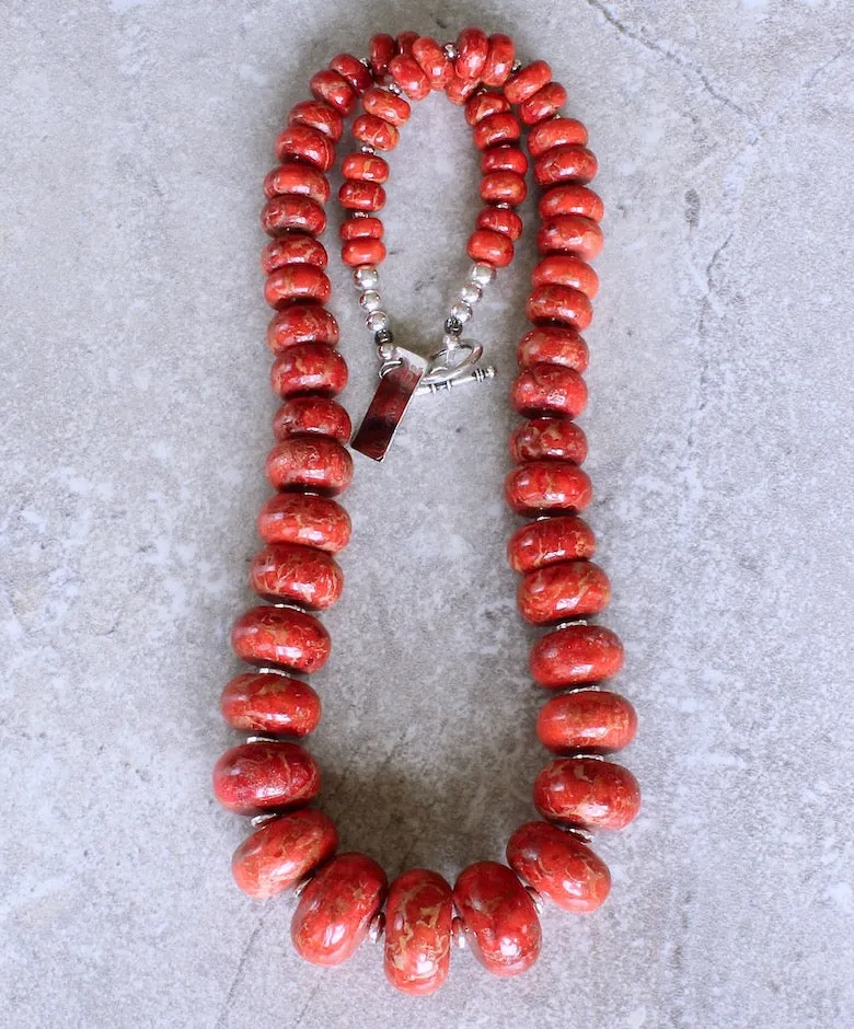 Apple Coral Rondelle Bead Graduated Necklace with Sterling Silver Discs, Rounds and Toggle Clasp