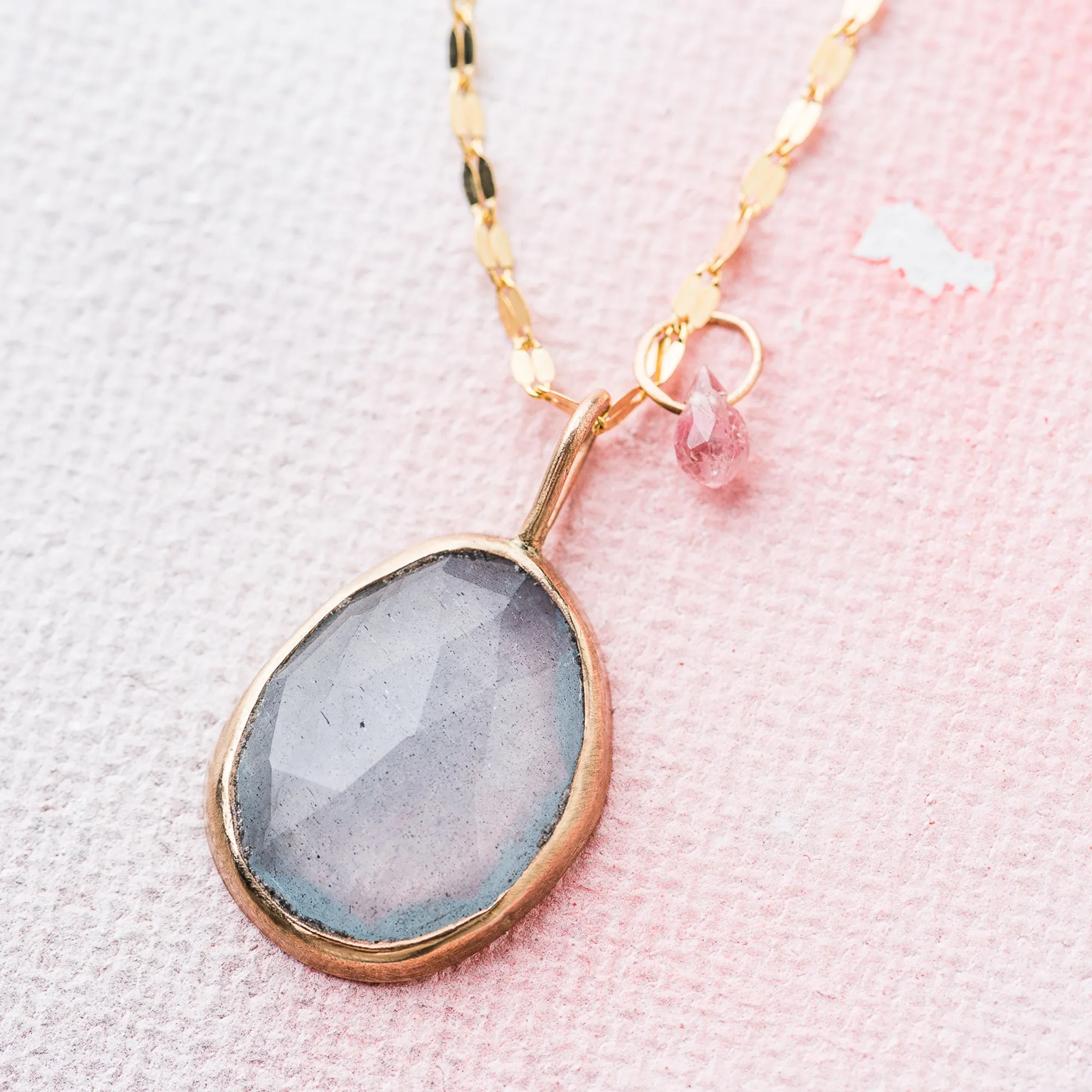 Aquamarine Necklace with Pink Sapphire on Mirror Chain in 14k Gold