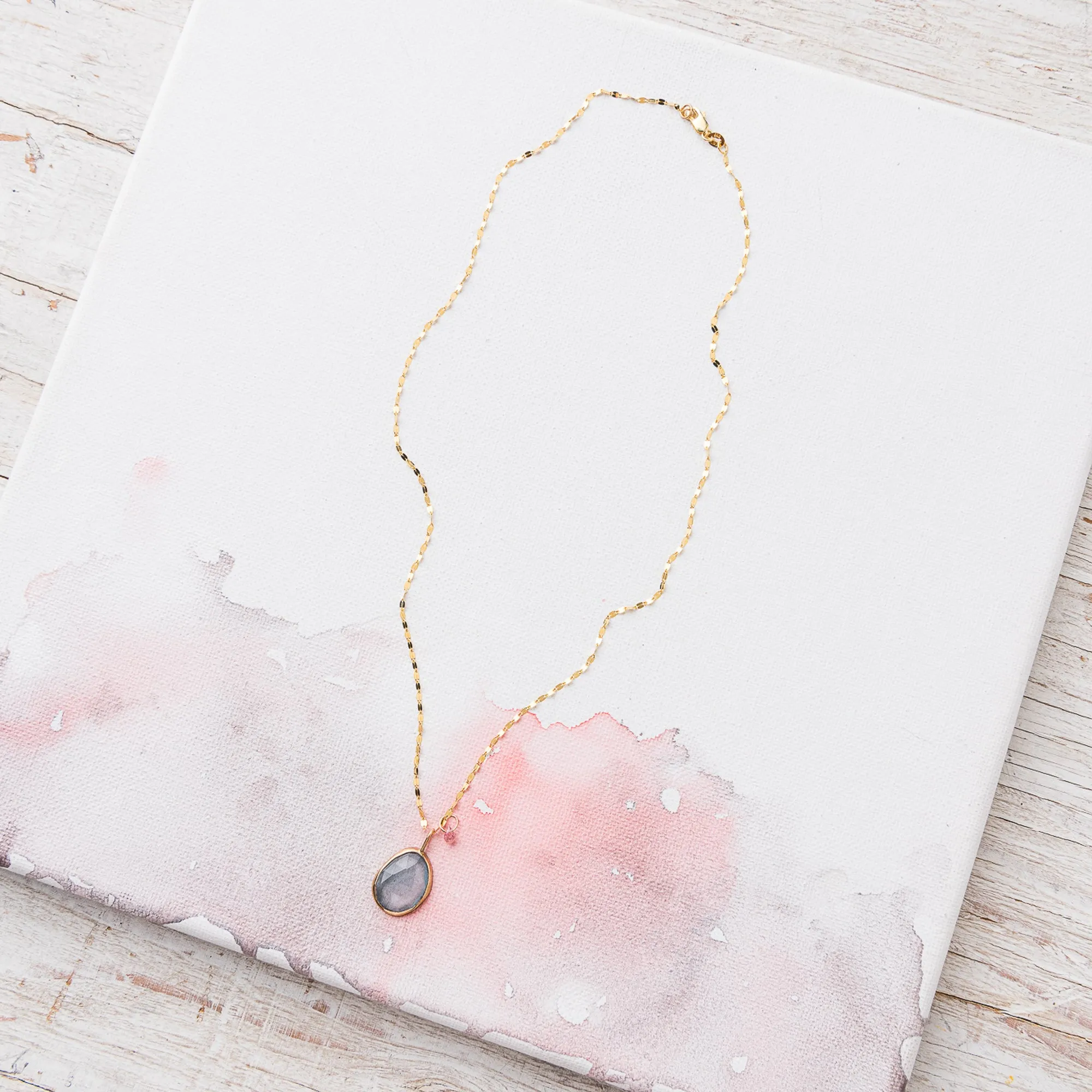 Aquamarine Necklace with Pink Sapphire on Mirror Chain in 14k Gold