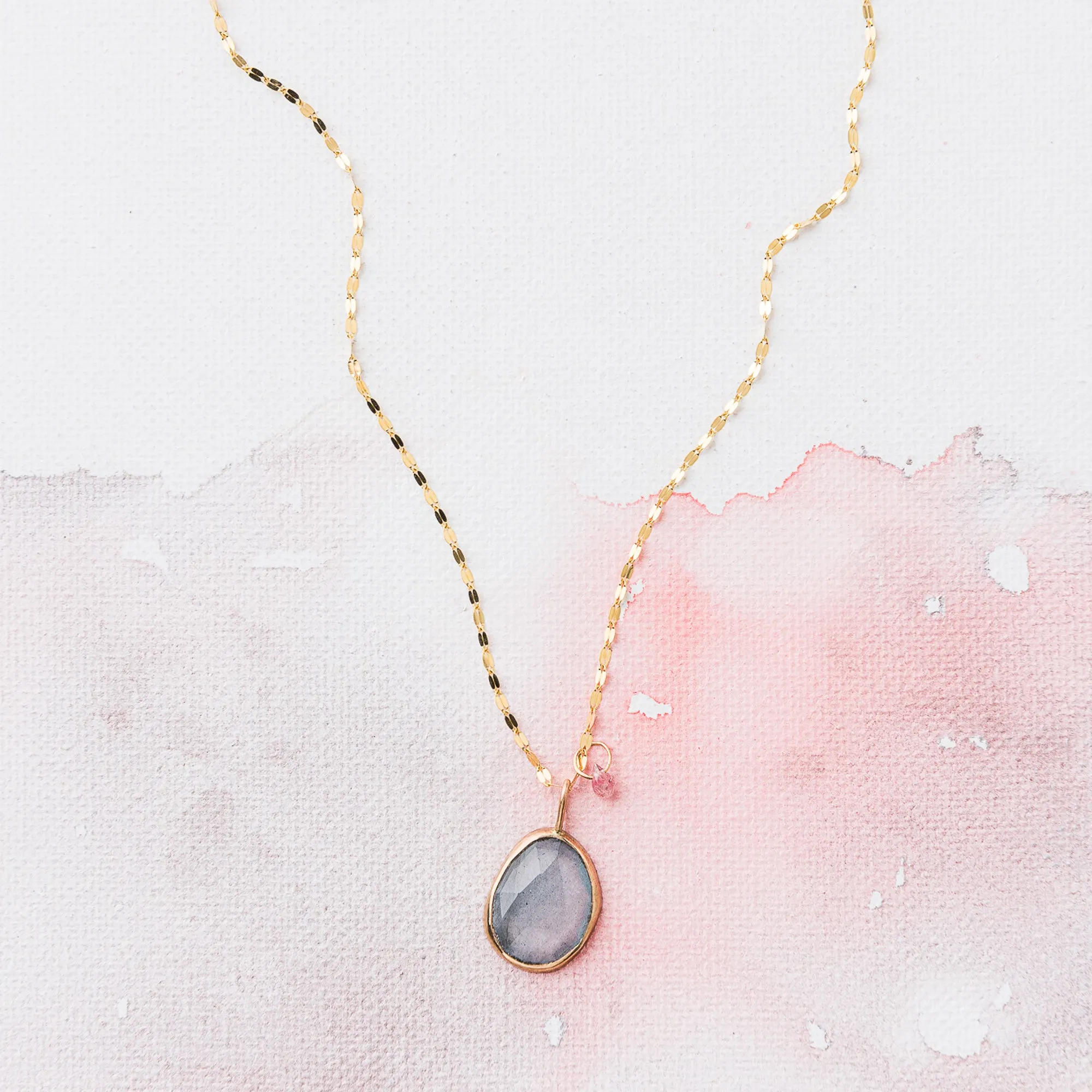 Aquamarine Necklace with Pink Sapphire on Mirror Chain in 14k Gold