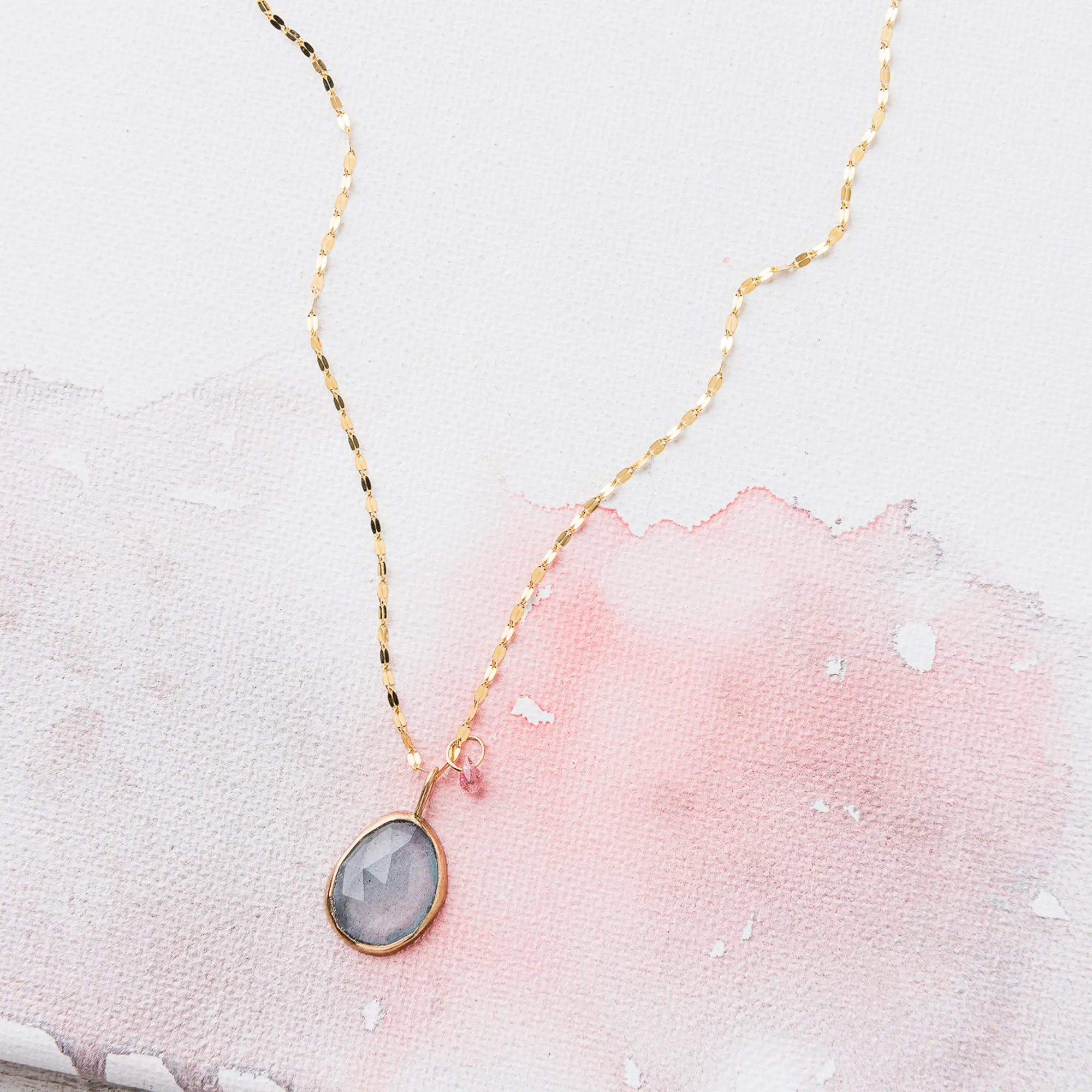 Aquamarine Necklace with Pink Sapphire on Mirror Chain in 14k Gold