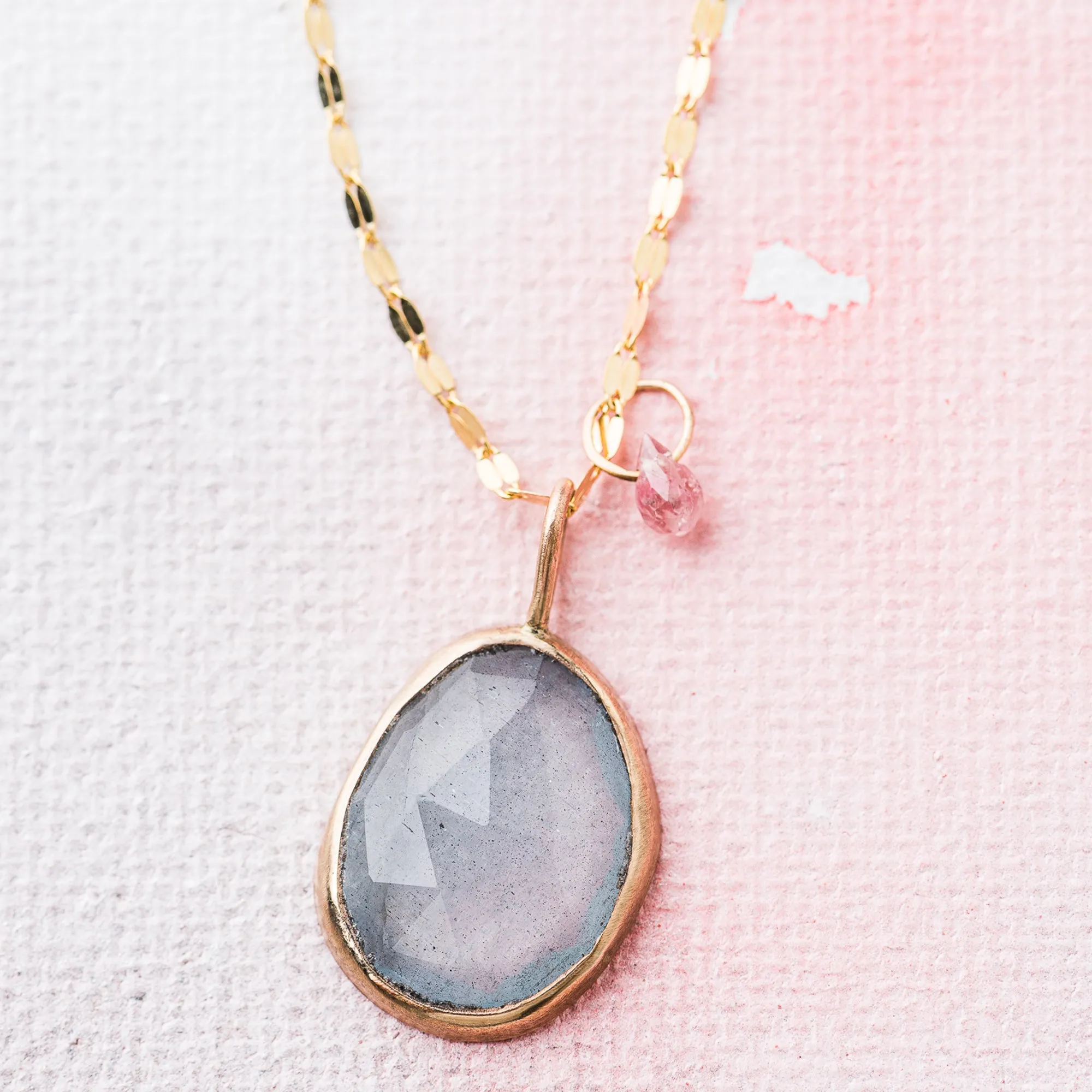 Aquamarine Necklace with Pink Sapphire on Mirror Chain in 14k Gold