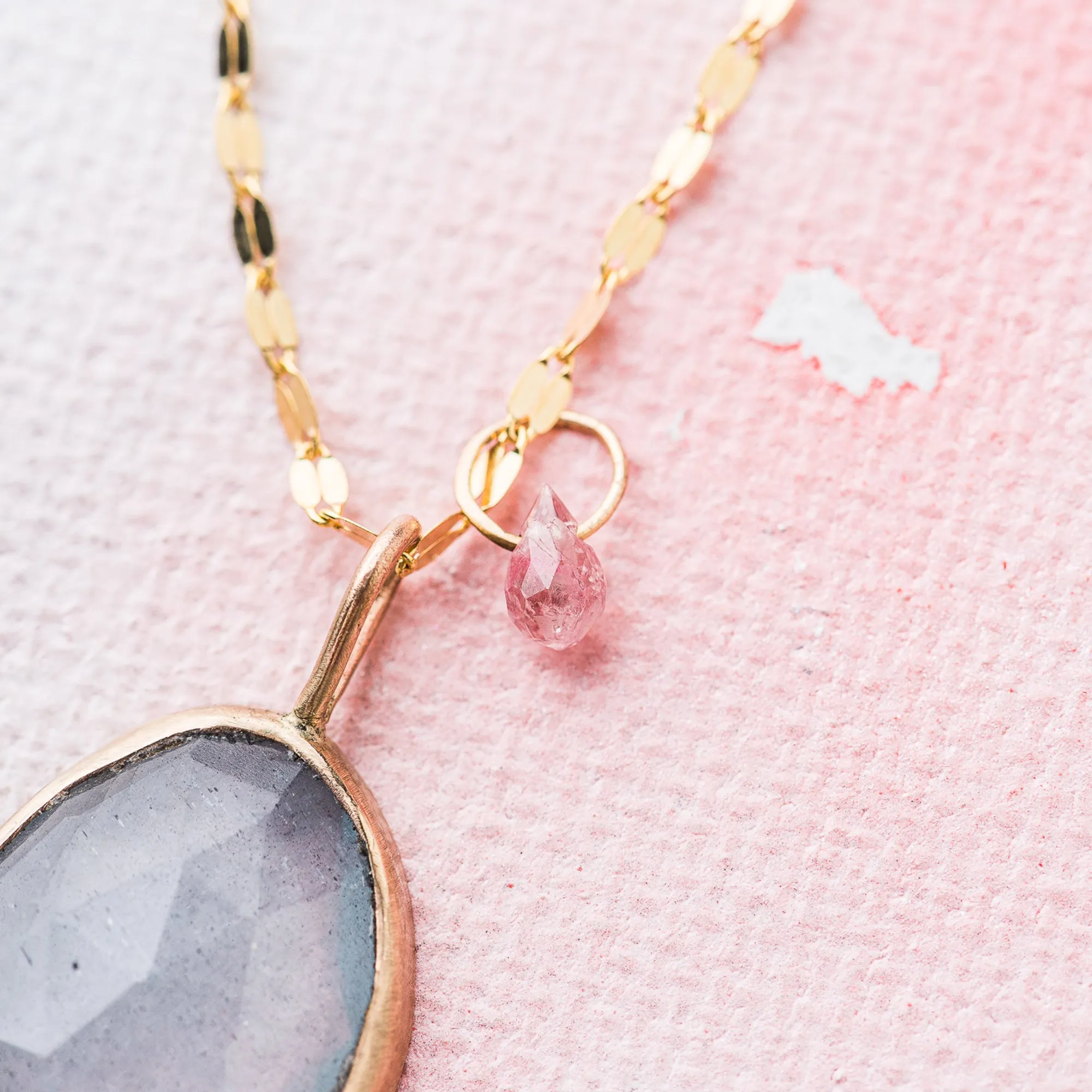 Aquamarine Necklace with Pink Sapphire on Mirror Chain in 14k Gold
