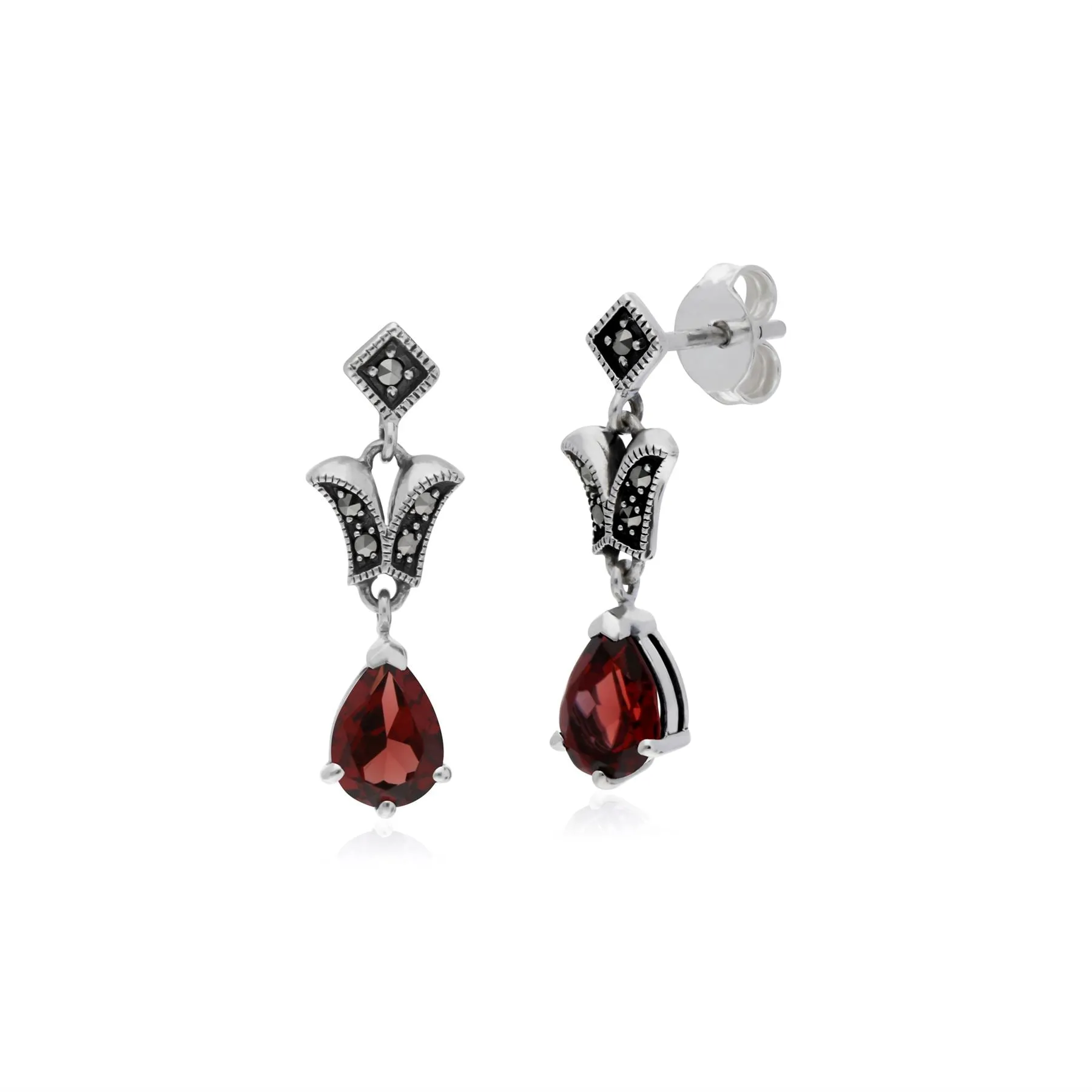 Art Nouveau Stil Granat & Markasit Birnenförmige Tropfen Ohrringe in 925 Sterling Silber