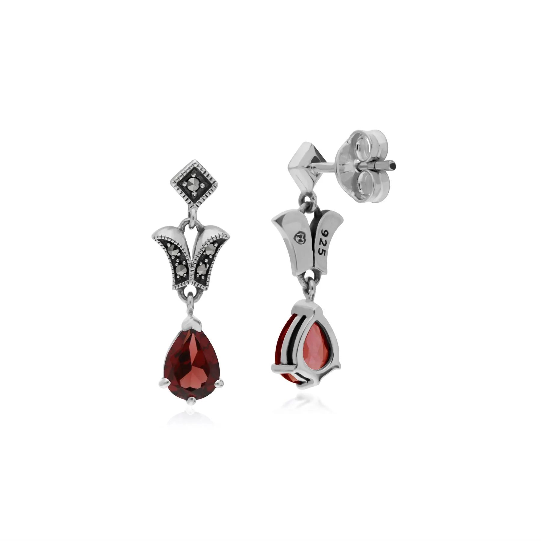 Art Nouveau Stil Granat & Markasit Birnenförmige Tropfen Ohrringe in 925 Sterling Silber