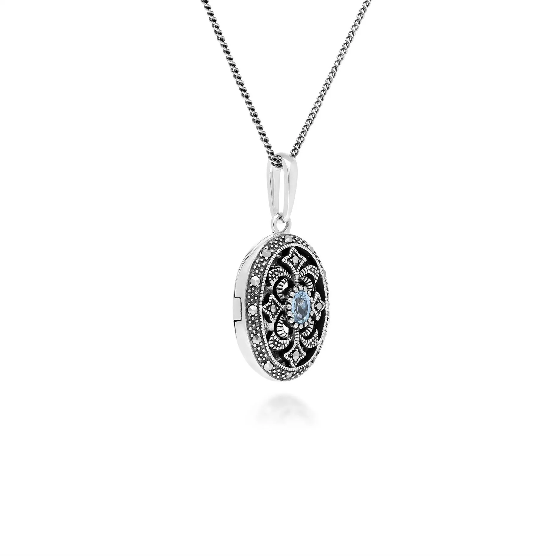 Art Nouveau Stil Ovale Aquamarin & Markasite Halskette in 925 Sterlingsterlingsilber