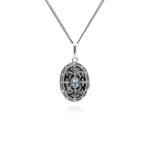 Art Nouveau Stil Ovale Aquamarin & Markasite Halskette in 925 Sterlingsterlingsilber
