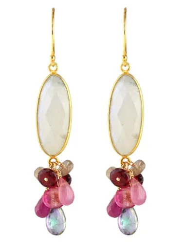 AVF Oval Gold Bezel Moonstone, Pink Sapphire, Pink Topaz, Mystic Topaz, Ruby & Rhodolite Garnet Earrings (SI6711)