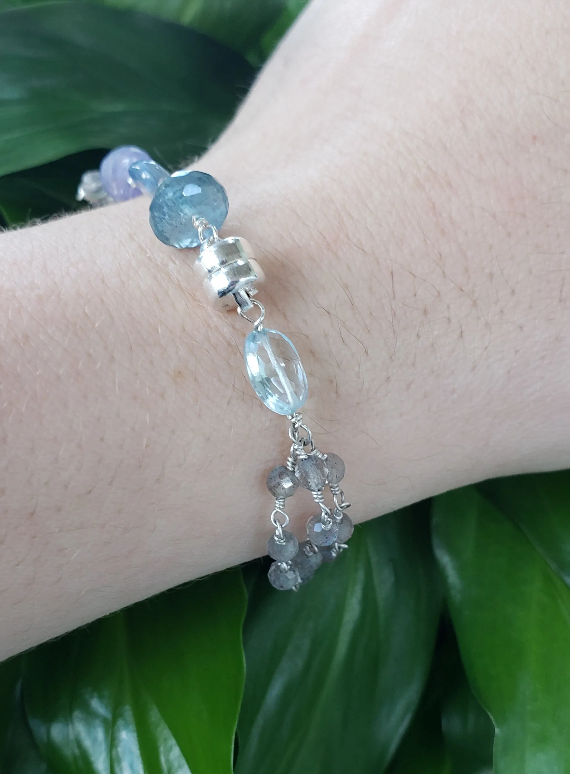 AVF Silver Kyanite, Labradorite, Topaz & Moss Aqua Triple Strand Beaded Bracelet (SI3685 & SI3653)