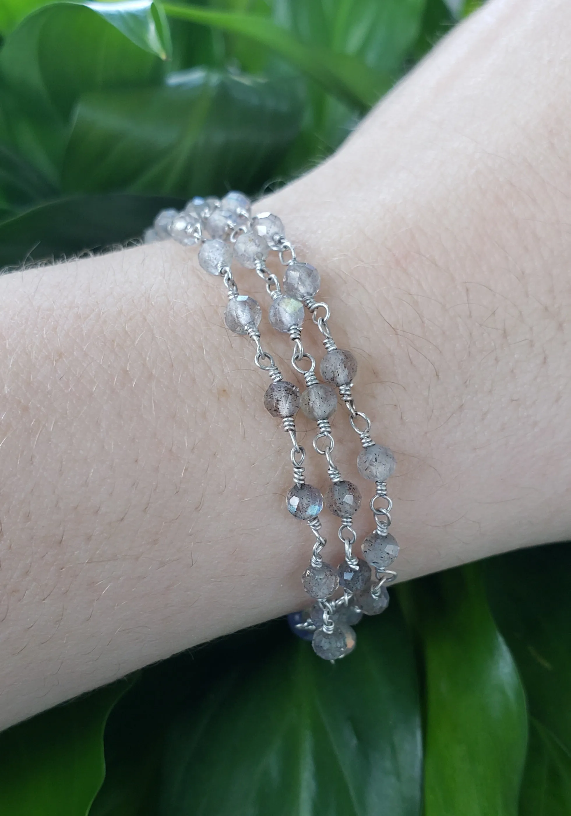 AVF Silver Kyanite, Labradorite, Topaz & Moss Aqua Triple Strand Beaded Bracelet (SI3685 & SI3653)