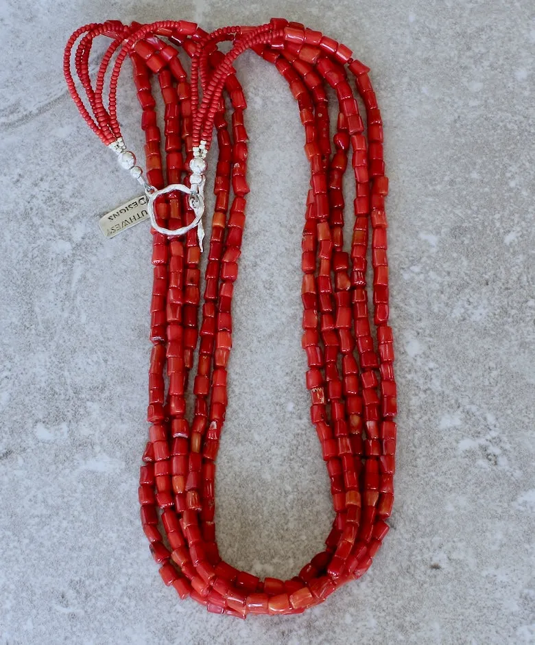 Bamboo Coral Cylinder Bead 5-Strand Necklace with Antique Pote Beads and a Sterling Silver Toggle Clasp