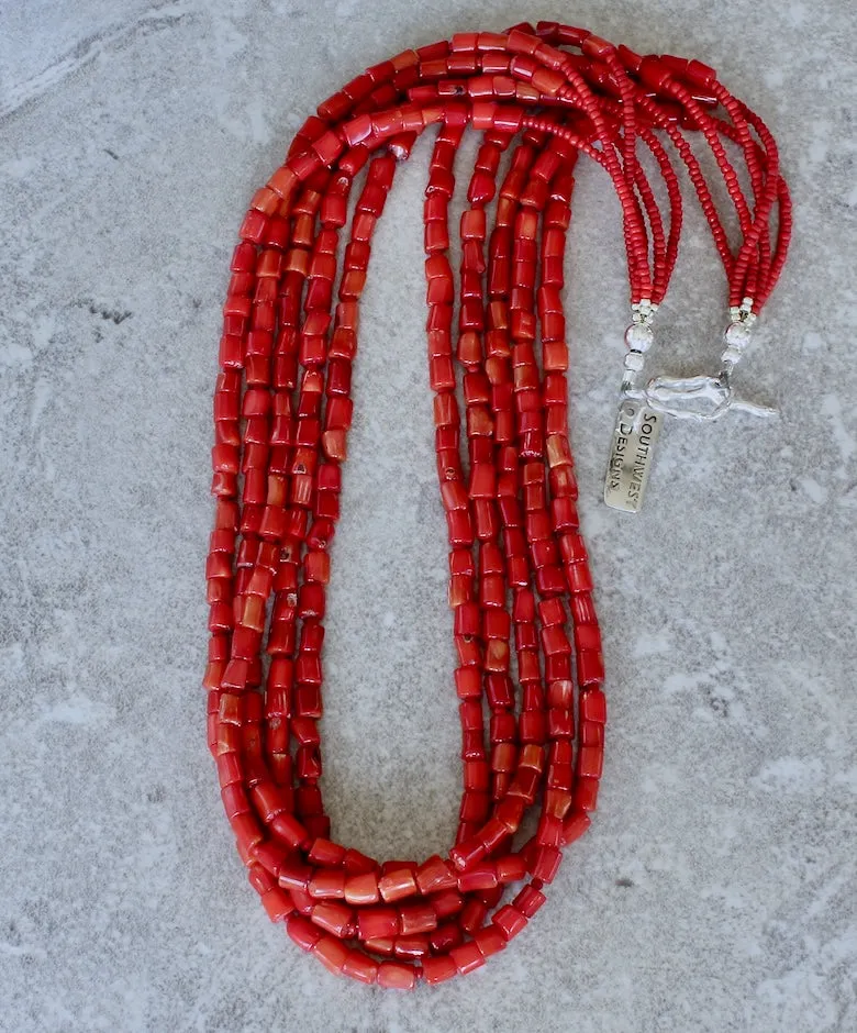 Bamboo Coral Cylinder Bead 5-Strand Necklace with Antique Pote Beads and a Sterling Silver Toggle Clasp