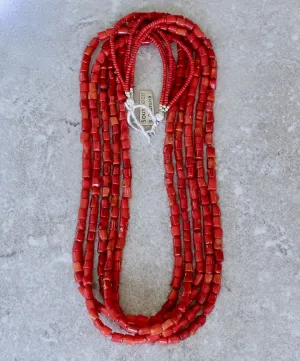 Bamboo Coral Cylinder Bead 5-Strand Necklace with Antique Pote Beads and a Sterling Silver Toggle Clasp