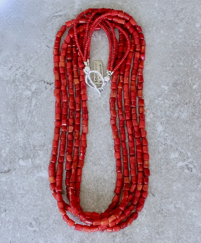Bamboo Coral Cylinder Bead 5-Strand Necklace with Antique Pote Beads and a Sterling Silver Toggle Clasp