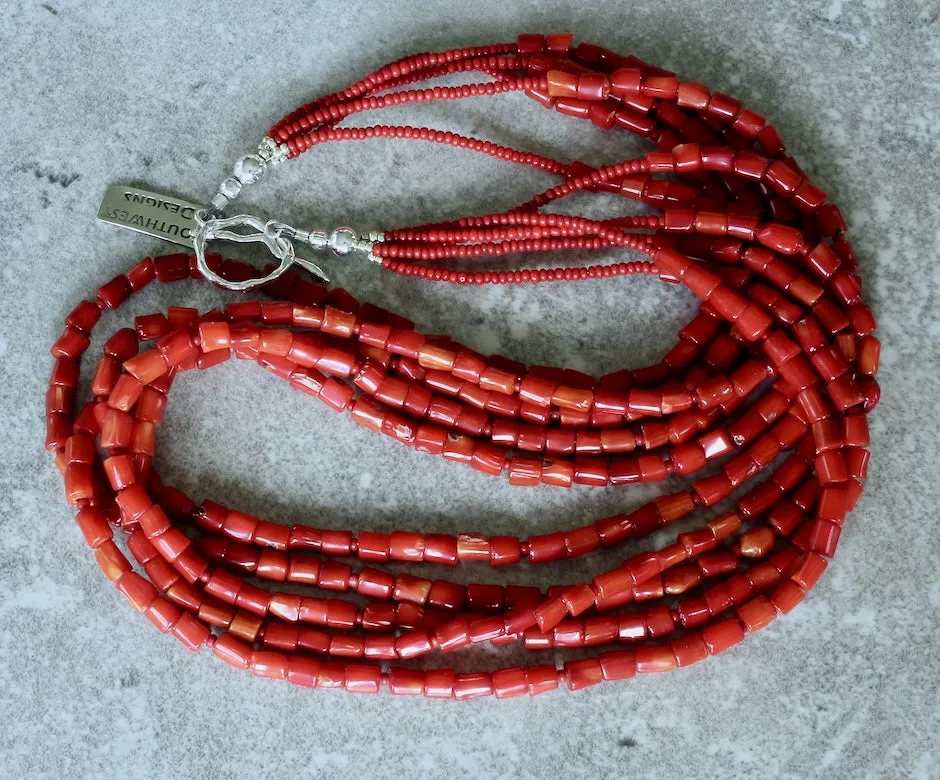 Bamboo Coral Cylinder Bead 5-Strand Necklace with Antique Pote Beads and a Sterling Silver Toggle Clasp