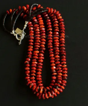 Bamboo Coral Faceted Rondelle Bead 3-Strand Necklace with Pen Shell Heishi and Sterling Silver Rounds & Toggle Clasp