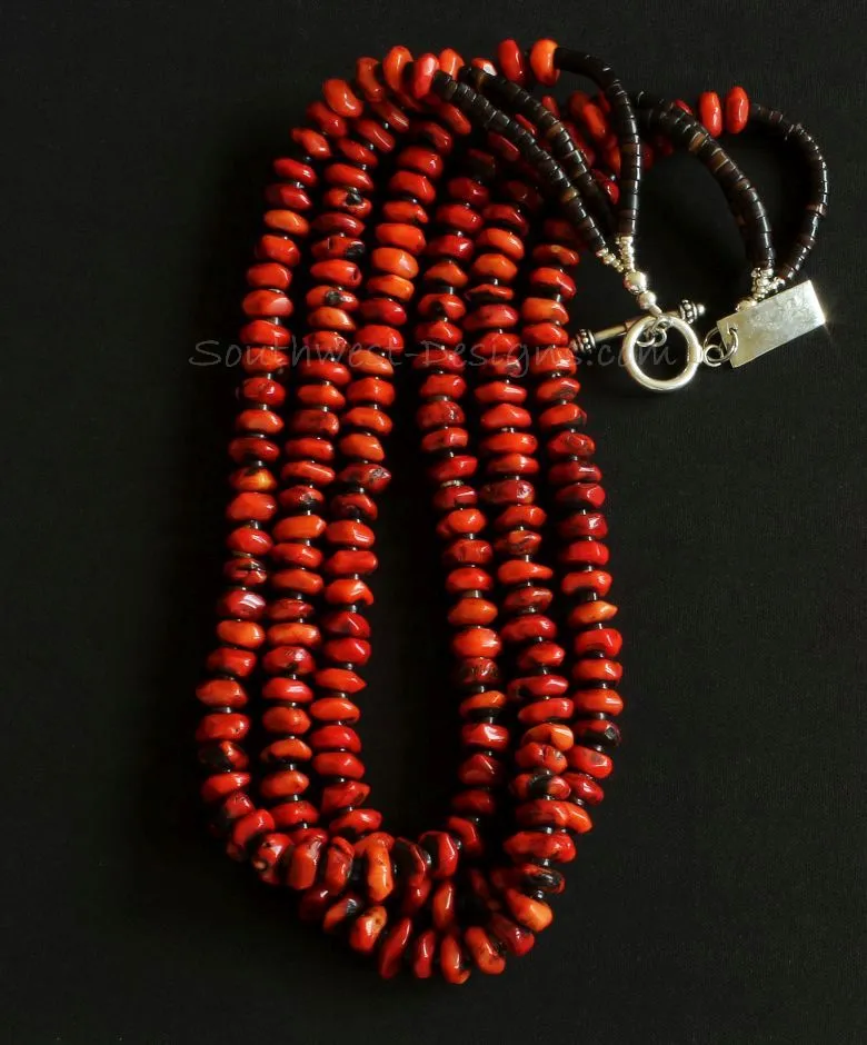 Bamboo Coral Faceted Rondelle Bead 3-Strand Necklace with Pen Shell Heishi and Sterling Silver Rounds & Toggle Clasp