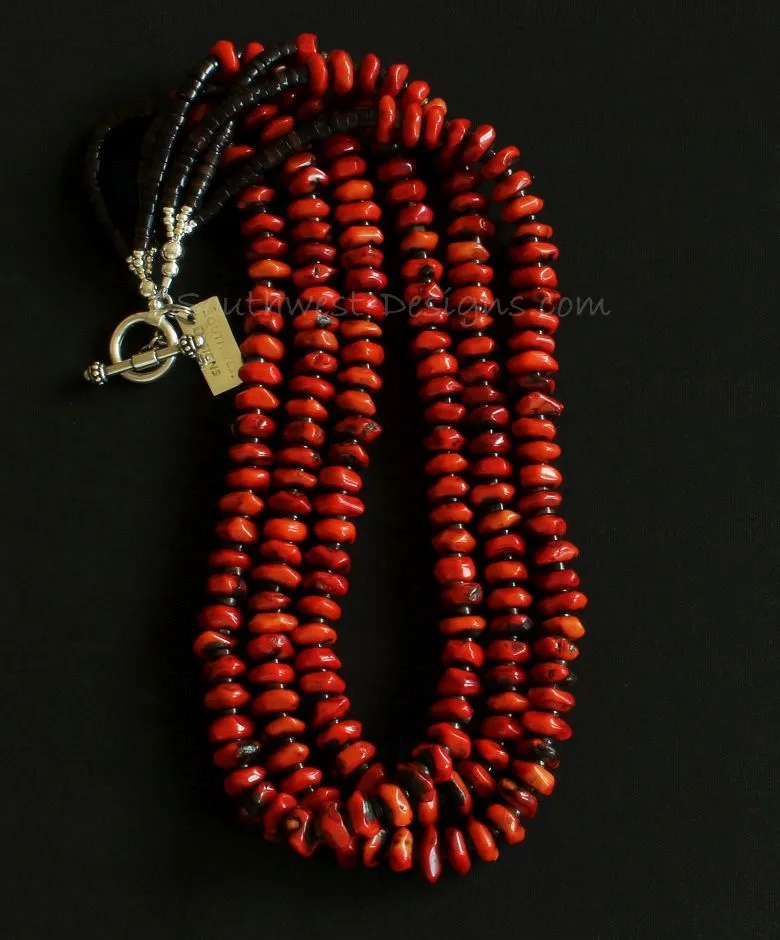 Bamboo Coral Faceted Rondelle Bead 3-Strand Necklace with Pen Shell Heishi and Sterling Silver Rounds & Toggle Clasp