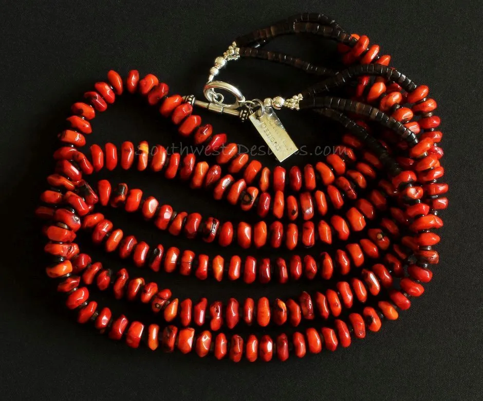 Bamboo Coral Faceted Rondelle Bead 3-Strand Necklace with Pen Shell Heishi and Sterling Silver Rounds & Toggle Clasp
