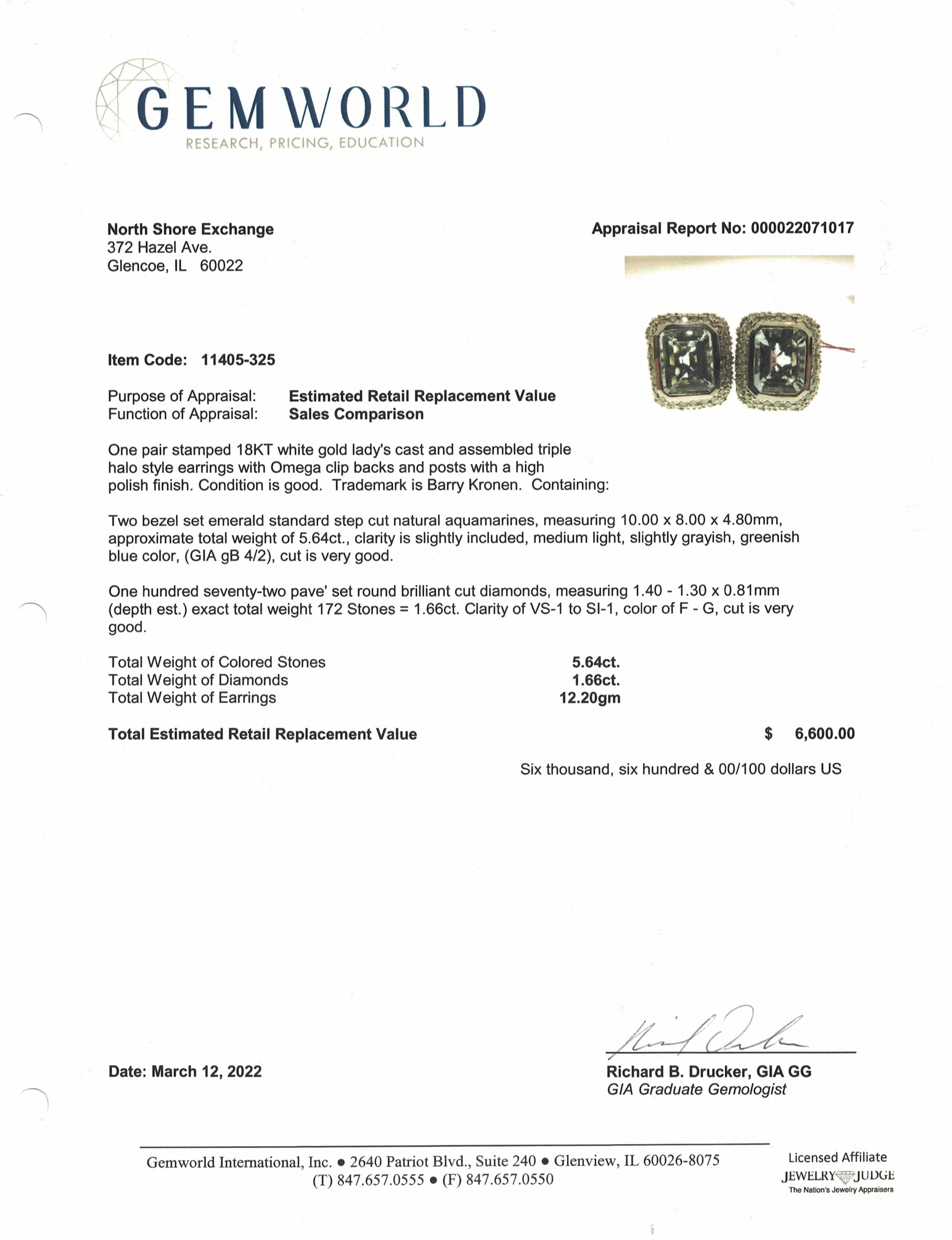 Barry Kronen 18K White Gold Earrings with Aquamarine and Diamonds