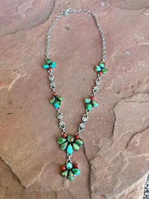 Beautiful Handmade Sterling Silver, Coral & Sonoran Turquoise Lariat Necklace Style D