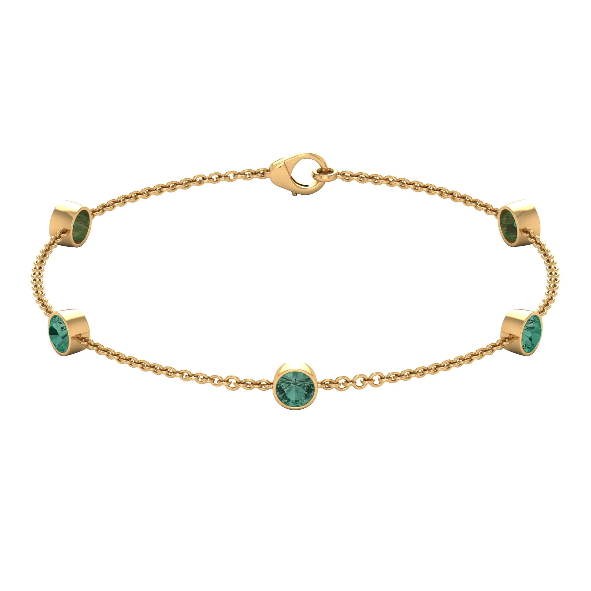 Bezel Set Green Sapphire Five Stone Station Chain Bracelet