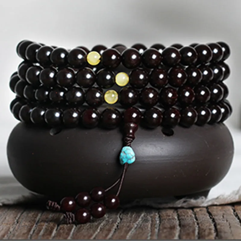 Buddha Stones 108 Mala Beads 4.8 Stars With Gold Star Indian Small Leaf Red Sandalwood Amber Turquoise Chinese Knotting Blessing Bracelet