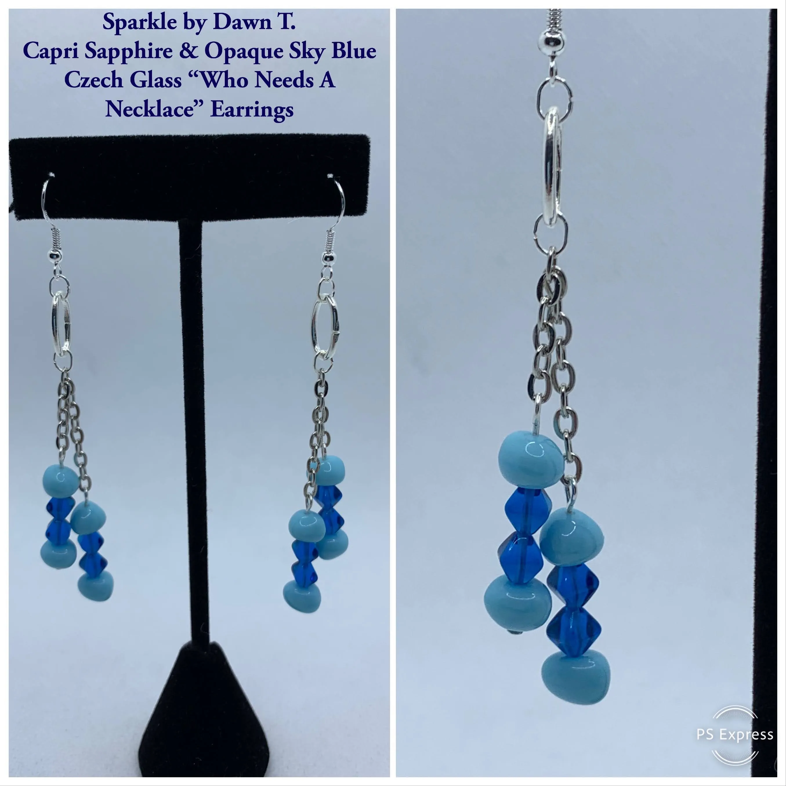 Capri Sapphire and Opaque Sky Blue Czech Glass Bracelet size and matching in Who Needs a Necklace and Earrings Set