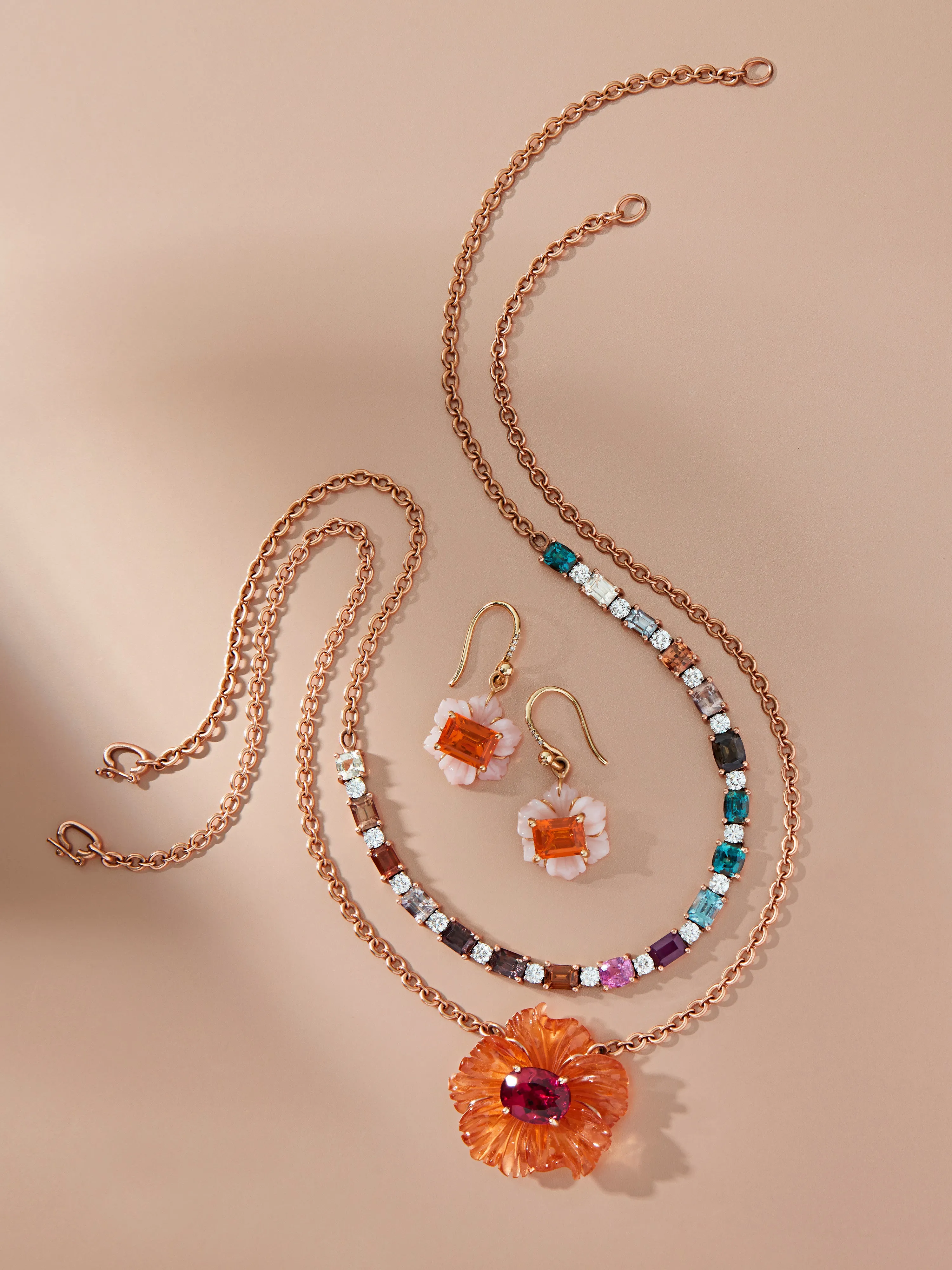 Carved Mandarin Garnet and Rubellite Tropical Flower Rose Gold Necklace
