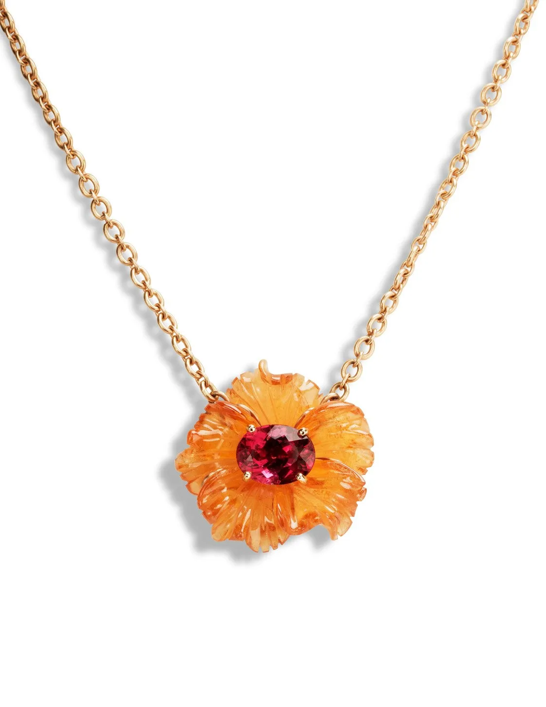 Carved Mandarin Garnet and Rubellite Tropical Flower Rose Gold Necklace