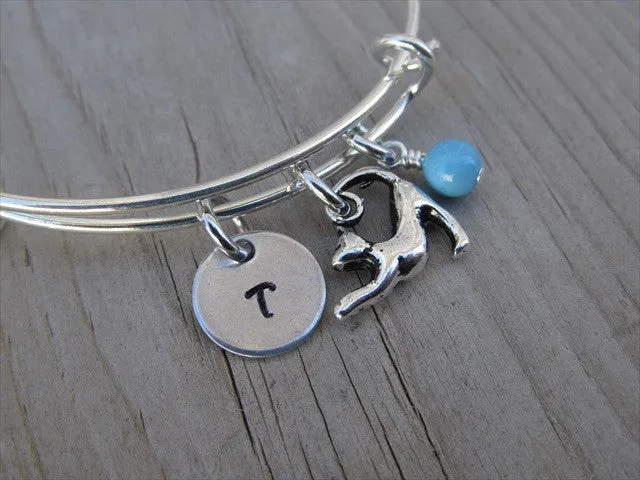 Cat Charm Bracelet- Adjustable Bangle Bracelet with an Initial Charm and an Accent Bead of your choice