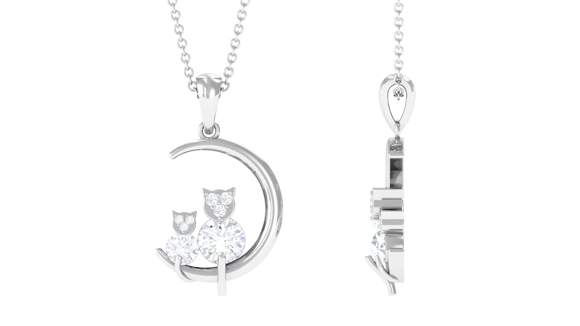 Certified Moissanite Cat on Moon Pendant