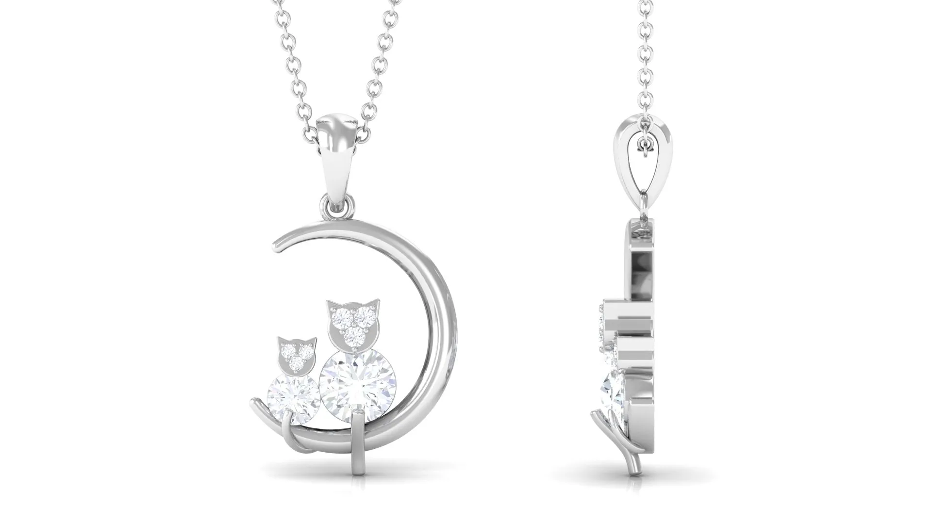 Certified Moissanite Cat on Moon Pendant