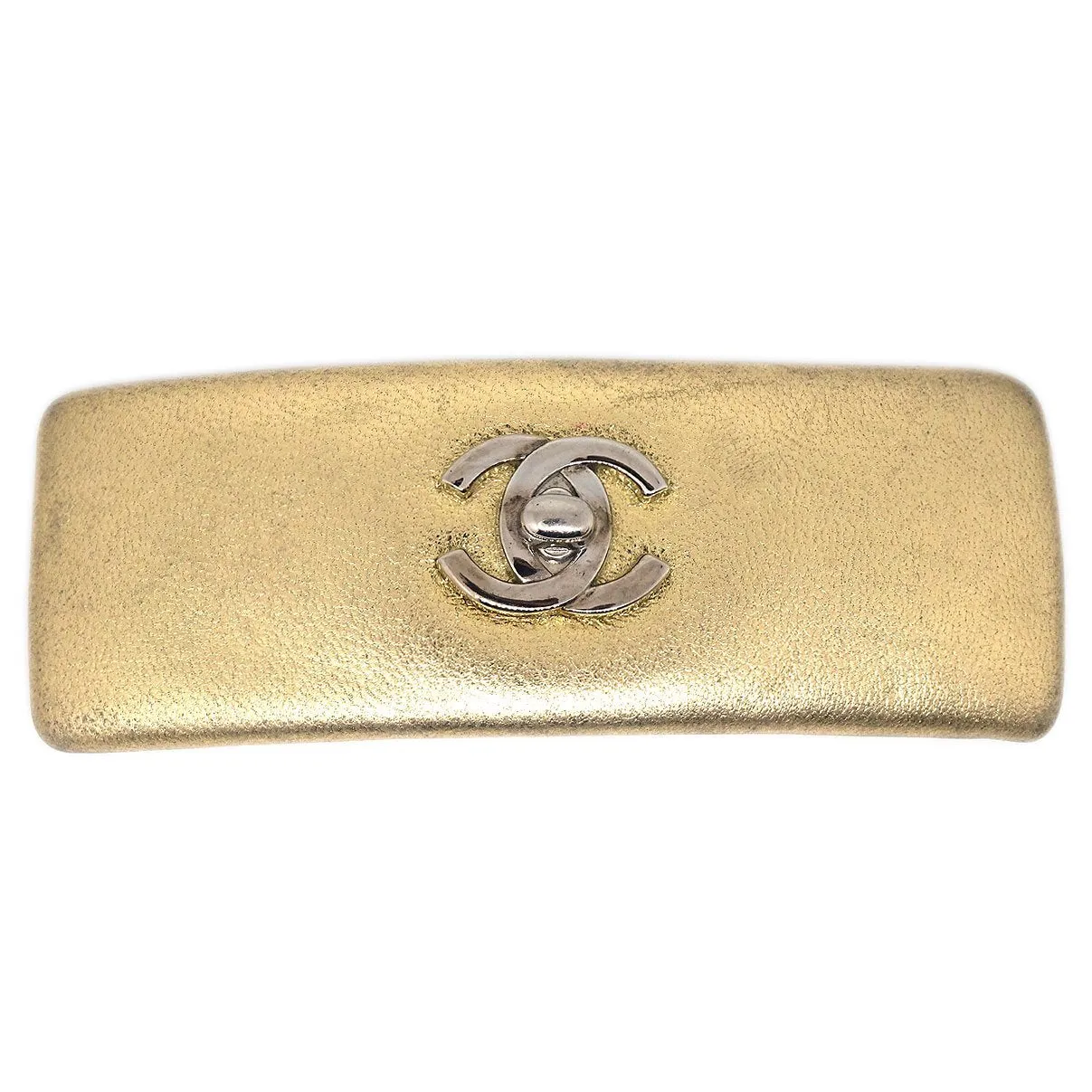 CHANEL 1986-1994 gold leather cc turnlock hair barrette clip 42541