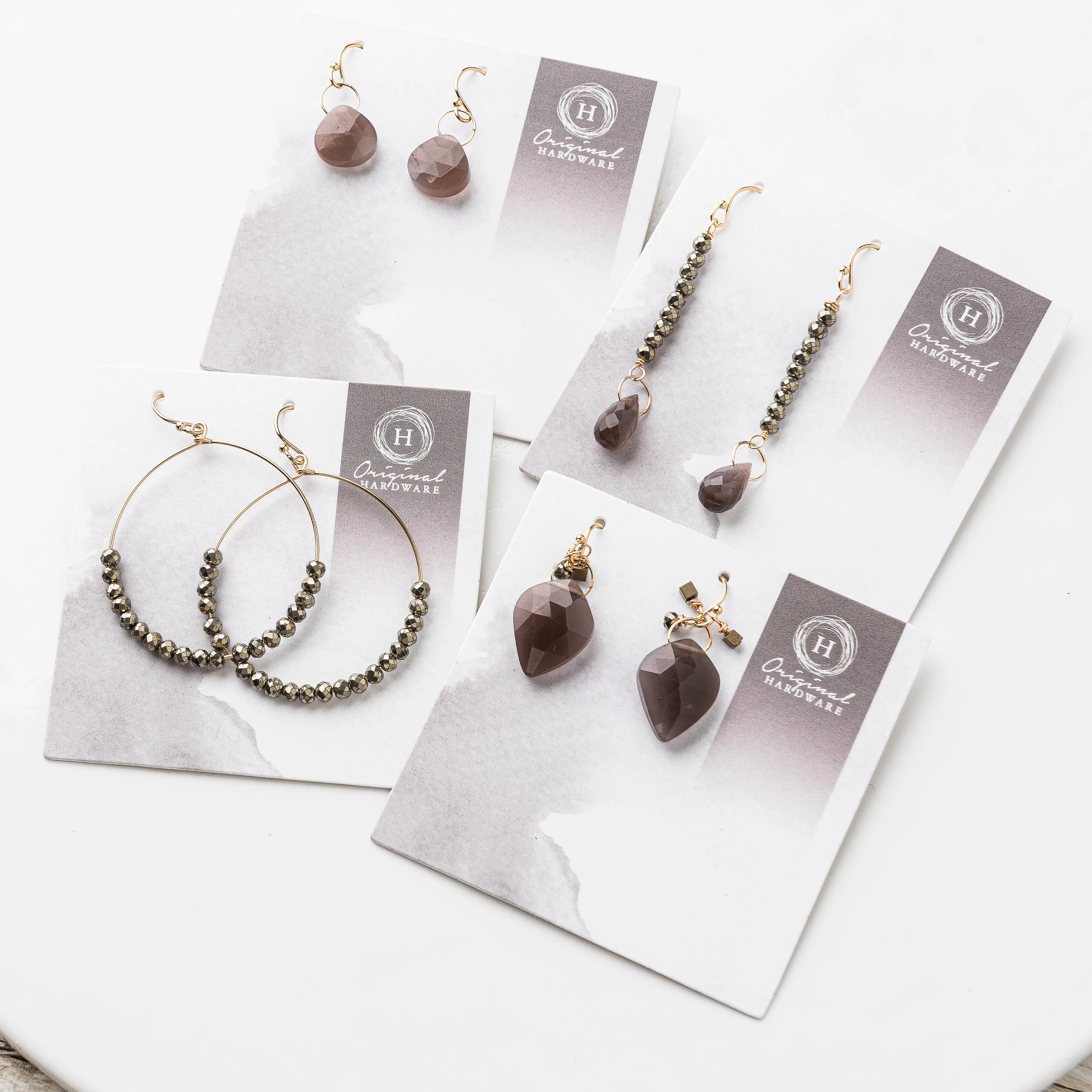Chocolate Moonstone Shield Earrings with Pyrite