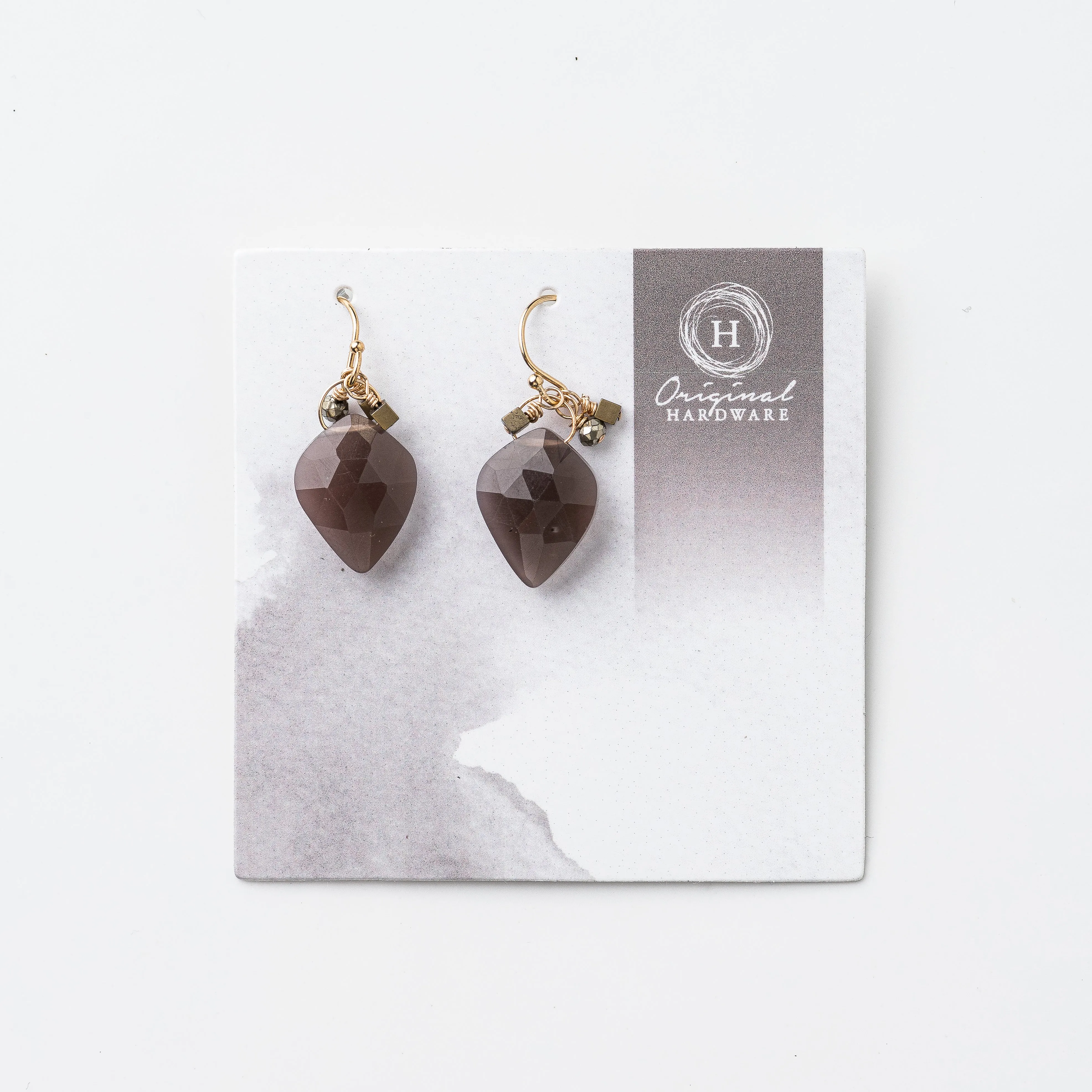 Chocolate Moonstone Shield Earrings with Pyrite