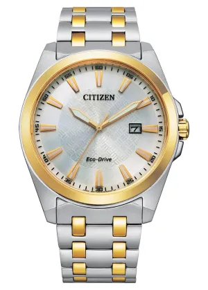 CITIZEN GENTS ECO-DRIVE PATTERN SILVER DIAL BI-TONE BRACELET BM7534-59A