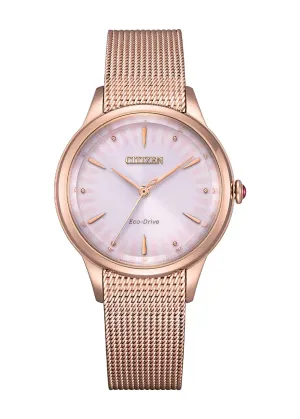 CITIZEN LADIES ECO-DRIVE PINK DIAL STAINLES MESH BRACELET EM0819-80X
