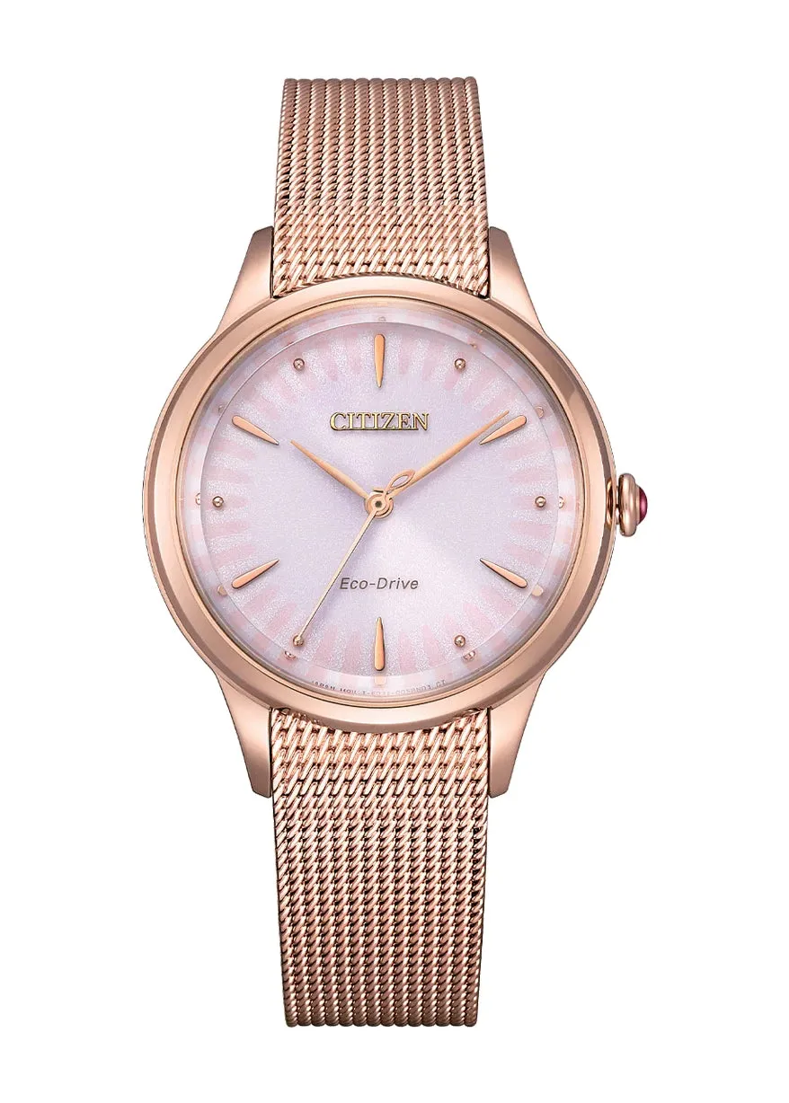 CITIZEN LADIES ECO-DRIVE PINK DIAL STAINLES MESH BRACELET EM0819-80X
