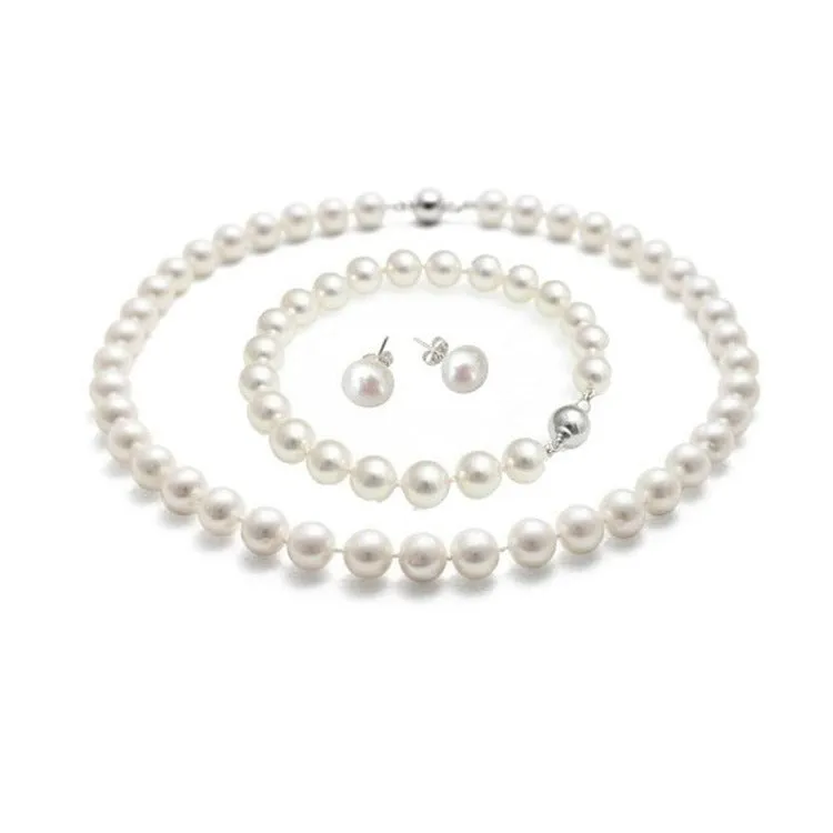 Classic 8-9mm AA Grade White Pearl Necklace, Bracelet Earrings Jewellery Set For Women Ladies Girls Magnetic Clasp