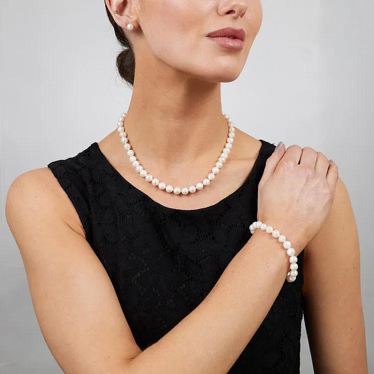 Classic 8-9mm AA Grade White Pearl Necklace, Bracelet Earrings Jewellery Set For Women Ladies Girls Magnetic Clasp