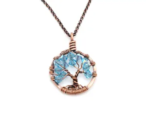 Copper Aquamarine Tree of Life Crystal Necklace (March)