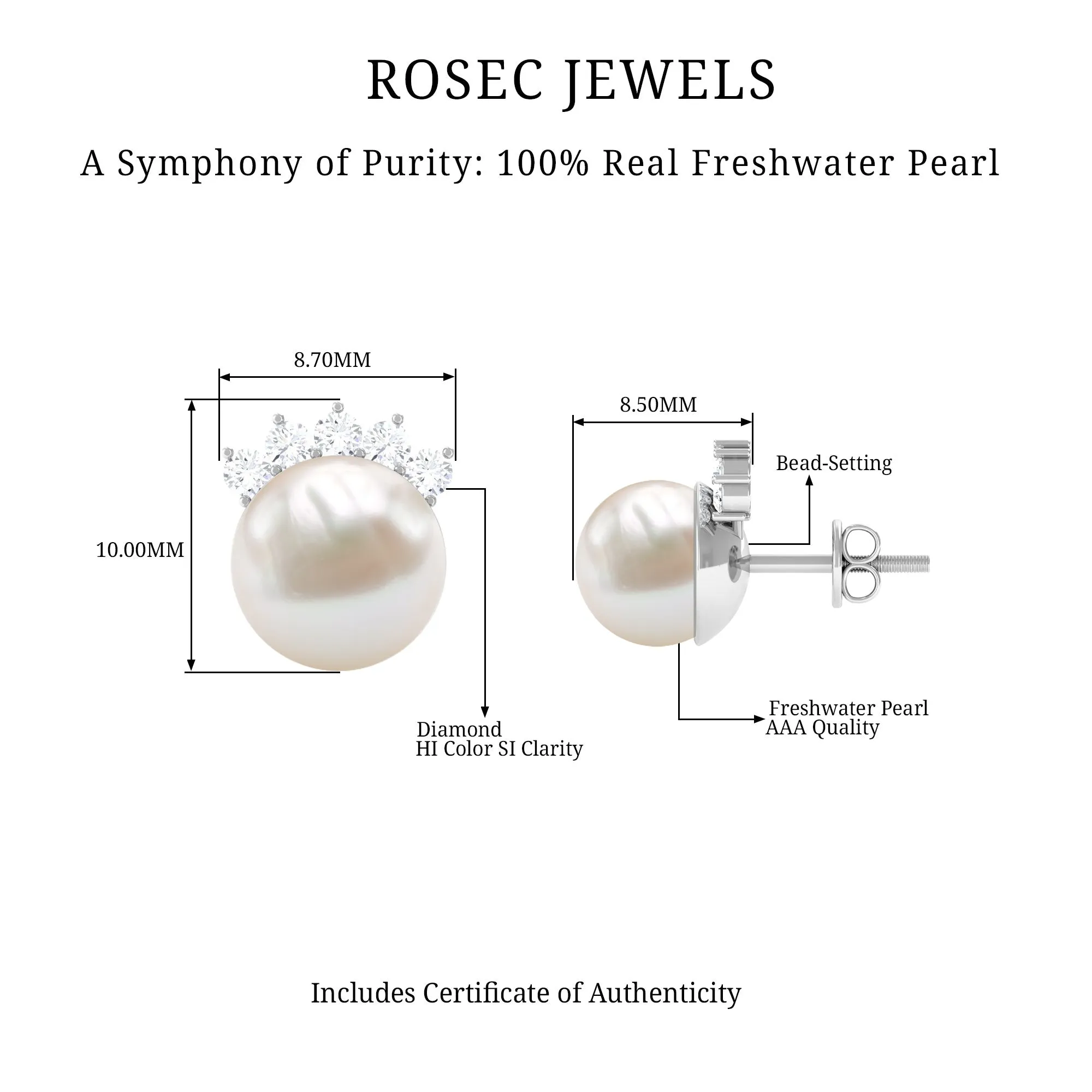 Crown Freshwater Pearl Stud Earring with Shiny Diamond