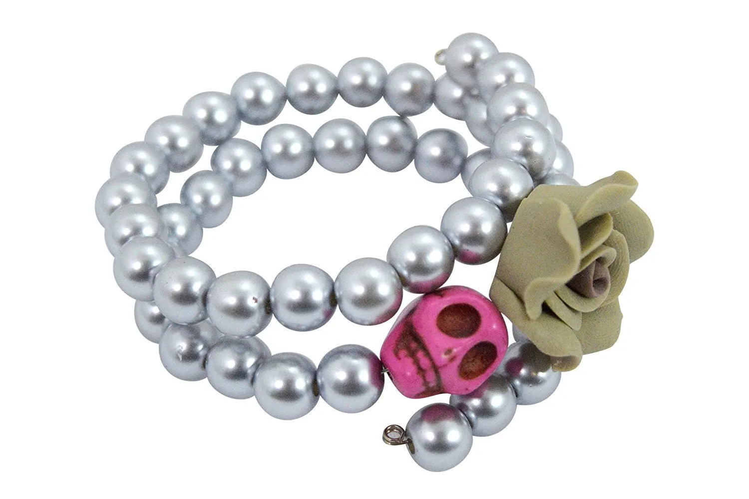 Day of the Dead Turquoise Skull and Rose Pearl Bracelet