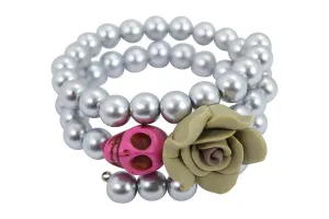 Day of the Dead Turquoise Skull and Rose Pearl Bracelet