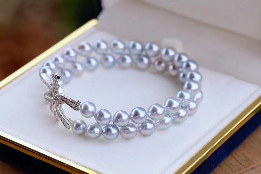Double layer akoya seawater pearl bracelet