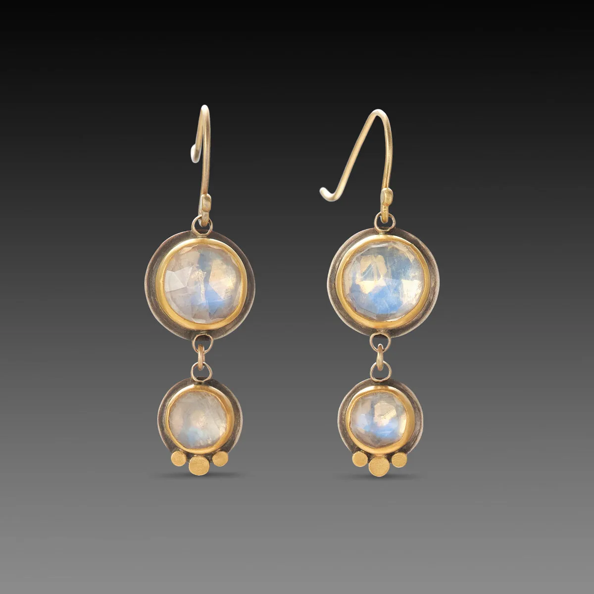 Double Moonstone Earrings with Gold Trios