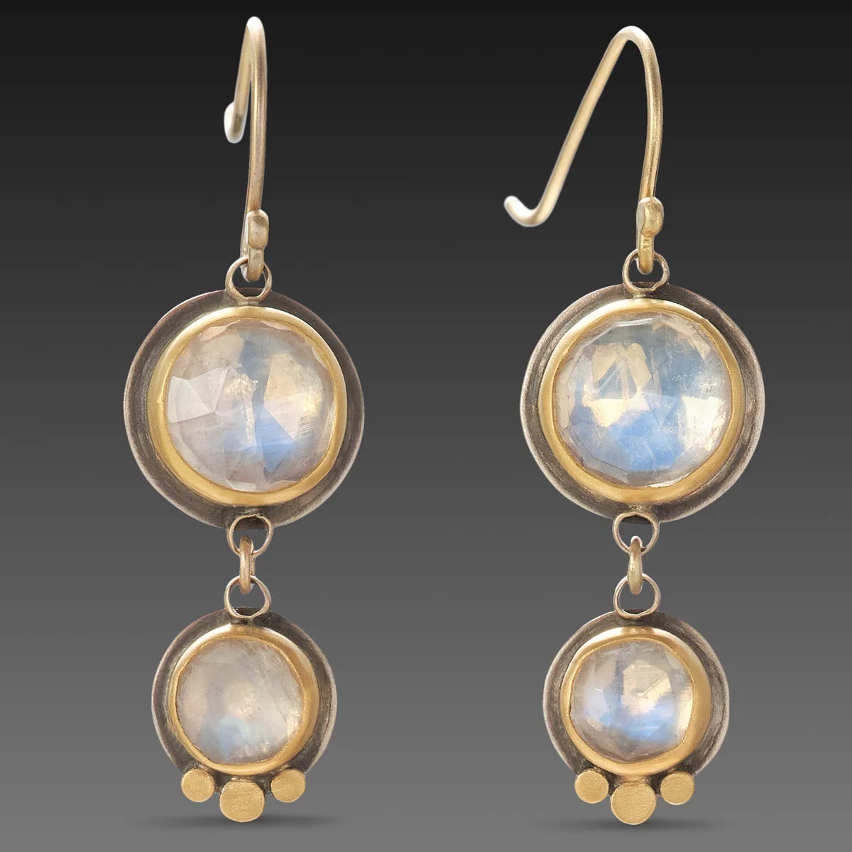 Double Moonstone Earrings with Gold Trios