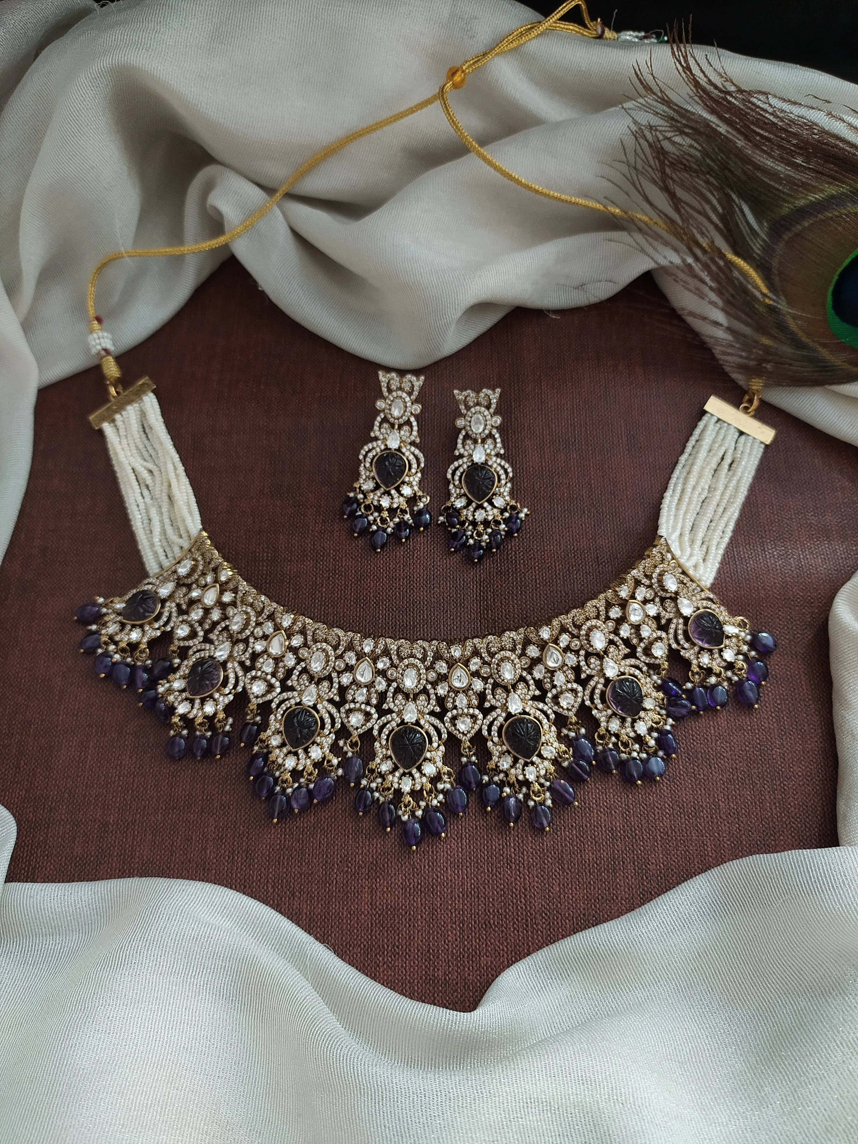 Elegant Moissanite and Kundan Choker with Side Pearls and Bead Drops in Various Colors
