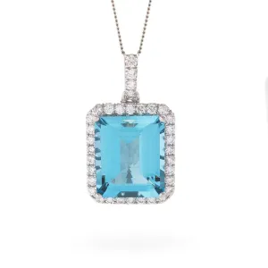 Emerald Cut Aquamarine Diamond Halo Pendant